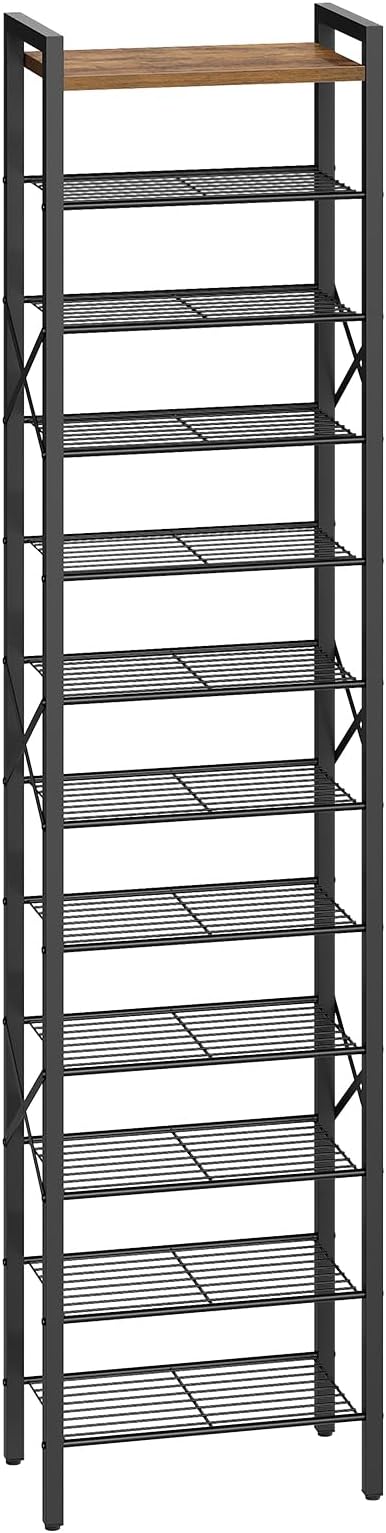 YATINEY 12-Tier Narrow Shoe Rack, Tall Shoe Rack for 12-24 Pairs, Slim Shoe Storage Organizer with Wooden Top, Space Saving, Metal Frame, for Entryway, Rustic Brown and Black SS61BR by Yatiney