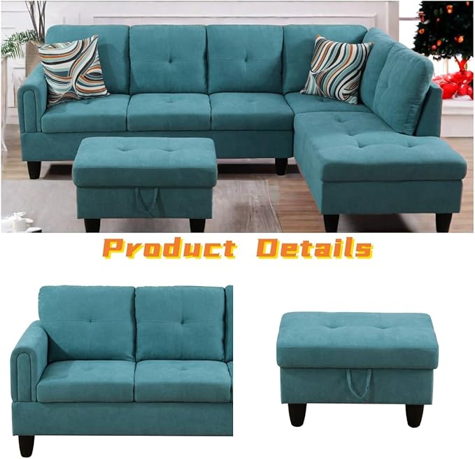 FONTOI L Shaped Sectional Couch with Otttoman, 97" Sectional Sofa for Living Room Flannel Modular Couches with Cup Holders for Bedroom, Apartments, Blue