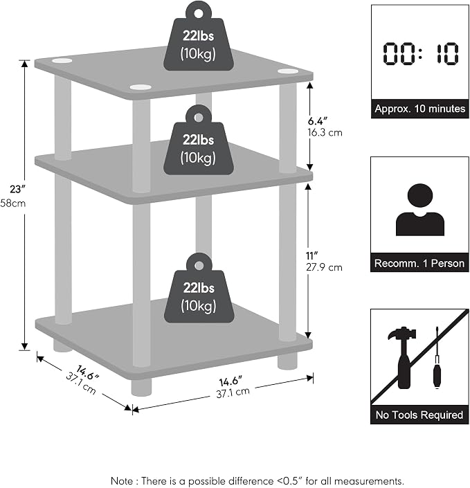 Furinno Turn-N-Tube Night Stand, 3-Tier Nightstand with Open Shelf, Bedside Table, End Table, Side Table, for Bedroom, Closet, Dorm, Black - Image 2