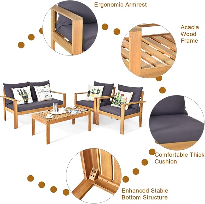 Tangkula Outdoor 8-Piece Acacia Wood Chat Set, 8 Seater Acacia Wood Conversation Sofa and Table Set, Teak Finished (2, Grey)