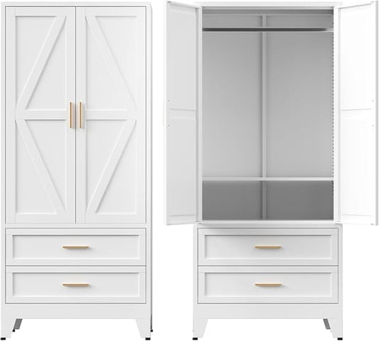 COFaR Metal Armoire Wardrobe Closet with Drawers, 71'' Tall Farmhouse Bedroom Armoires with Doors, Freestanding Steel Wardrobe Cabinet Coat Closet for Bedroom Home Office Garage, White