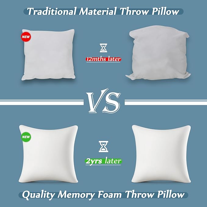 AM AEROMAX 20 × 20 Throw Pillow (Pack of 4) Memory Foam Pillow Insert - Square Accent Pillow for Decorative Cushion Bed Couch Sofa - Non-Deforming Over Time