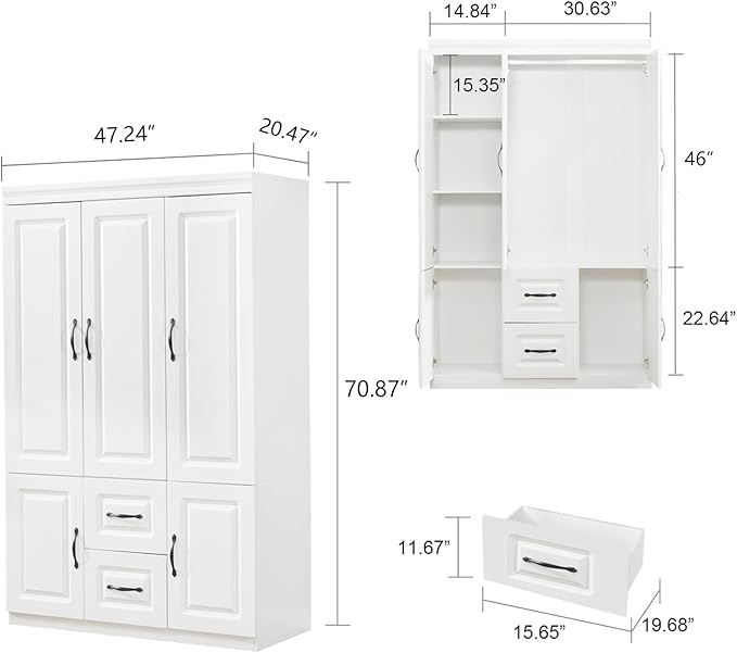 Armoire Wardrobe Closet 3 Door: Wooden White Bedroom Armoire Storage Cabinet for Large Capacity Armoire and Wardrobe Closet Wood with 2 Drawers Hanging Rail Shelves