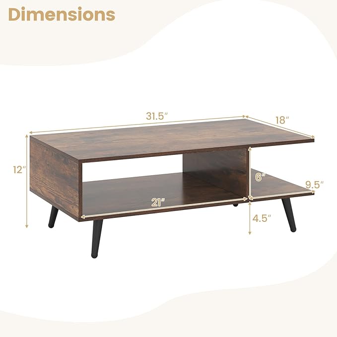 Giantex Coffee Table with Storage, Mid Century Modern Center Table for Living Room, Rectangle Tea Table with Open Storage Shelf & Floor-Anti-Scratching Tapered Metal Legs, Rustic Brown (Rustic Brown)