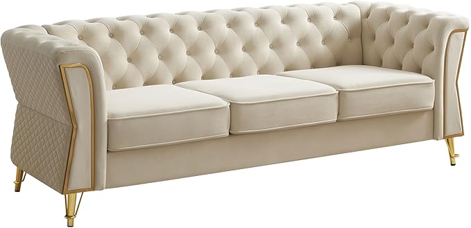 KEIKI 87" Chesterfield Velvet Button Tufted Sofa with High Density Foam Cushions, Modern Style 3-Seater Couch with Gold Strip Trim Decoration, Easy Assembly, for Apartment, Living Room, Office, Beige