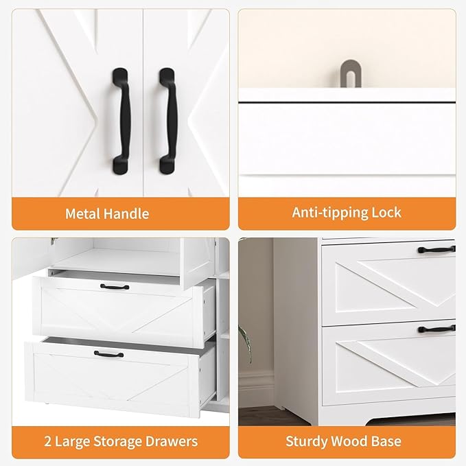 Armoire Wardrobe Closet with Mirror Door and LED Lights,3 Doors Farmhouse Bedroom Armoire with Drawers,Large Capacity Freestanding Armoire with Hanging Rod,Adjustable Shelves and Hooks(White