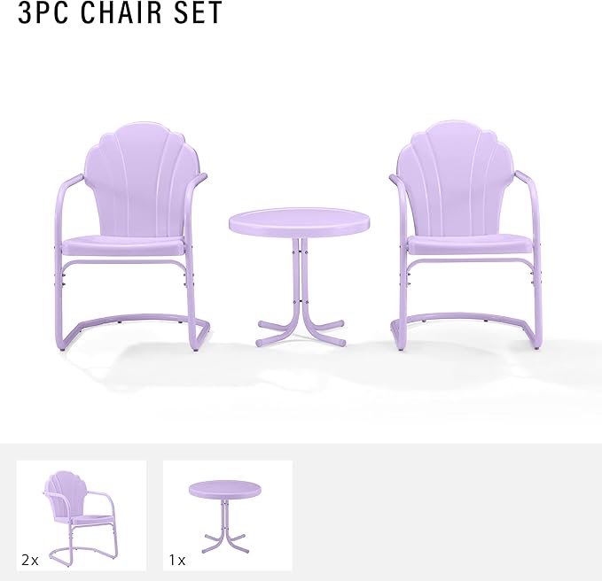 Crosley Furniture Tulip 3-Piece Outdoor Chair and Side Table Set, Vintage Retro Metal Patio Conversation Sets, Lavender Gloss