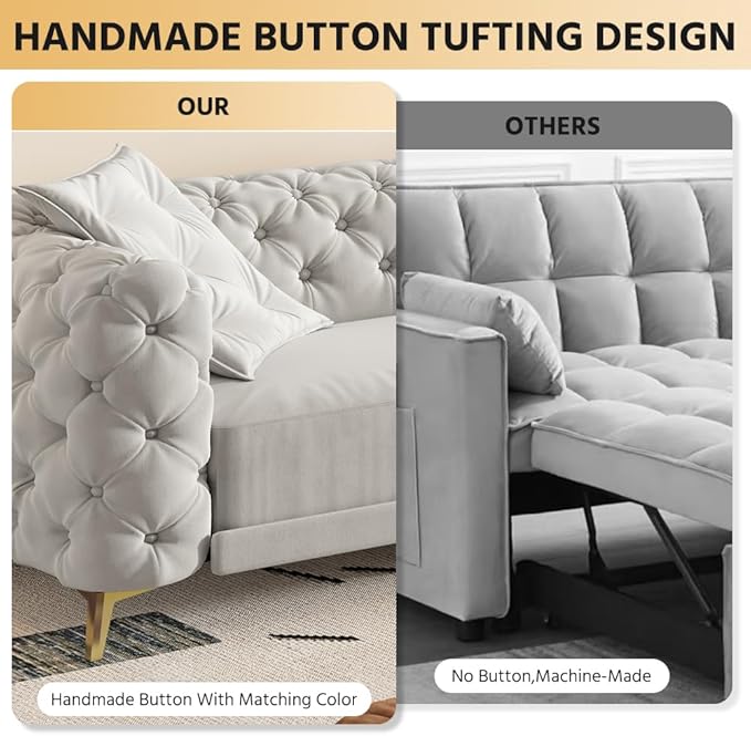 Ball & Cast 3-in-1 Convertible Sleeper Sofa with Movable Ottoman,97.7" Velvet Pull Out Sofa Bed, Modern Button Tufted 4-Seater Sofa Couch with Deep Seat for Living Room, Apartment,Office,Light Grey