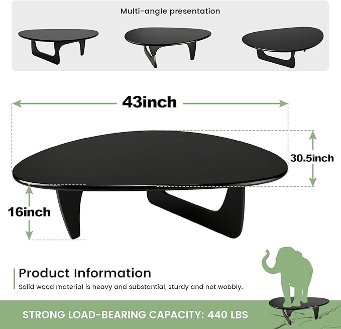 Solid Wooden Modern Triangle Coffee Table: Unique Funky Coffee Tables for Living Room, Oval Mid-Century Irregular Abstract Tea Tables for Patio Office Balcony Bedroom (Black, 43" L x 31" W x 16" H)