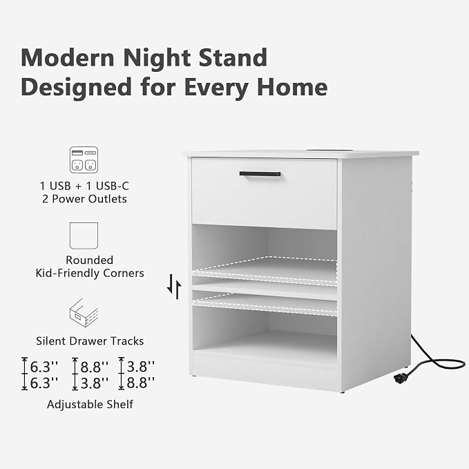 Night Stand with Charger Station, Modern Nightstand with USB Type-C Ports and AC Outlets, Large Bedside Table with Drawer and Open Storage, Wooden End Table for Bedroom (White, 1 Drawer) - Image 6