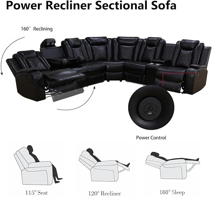 Power Recliner Living Room Set with LED, Breathing Leather Reclining Sectional Sofa Couches for Home Theater with Cup Holder, Storage Consloe, USB Charge