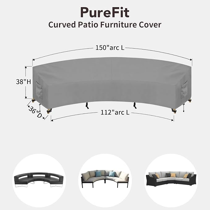 PureFit Outdoor Sectional Sofa Cover Waterproof Curved Patio Furniture Covers for Deck, Lawn and Backyard, 150Lx36Dx38Hx112FL, Grey - Image 2