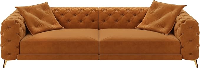 Ball & Cast 3-in-1 Convertible Sleeper Sofa with Movable Ottoman,97.7" Velvet Pull Out Sofa Bed, Modern Button Tufted 4-Seater Sofa Couch with Deep Seat for Living Room, Apartment,Office,Orange