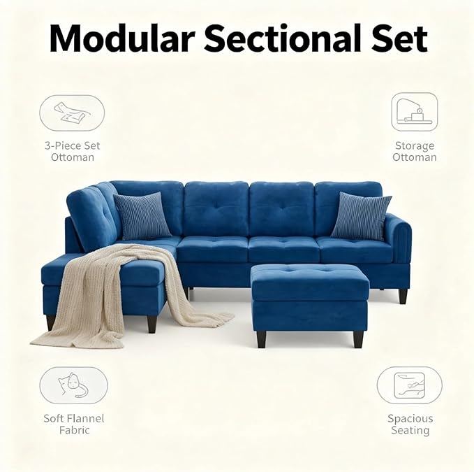 Modern L-Shape Sofa with Storage Ottoman, 3-Piece Flannel Sectional Couch Set for Living Room, Contemporary Upholstered Couch Set with Solid Wood Frame for Apartment, Blue