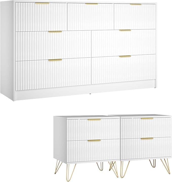 7 Drawer Dresser and Nightstand Sets, 3 Pcs Bedroom Set for Bedroom, Fluted Night Stand Set of 2 & 55" Wide Dresser w/Gold Handles, Modern Wood Chest of Drawers Storage Cabinet Set, White