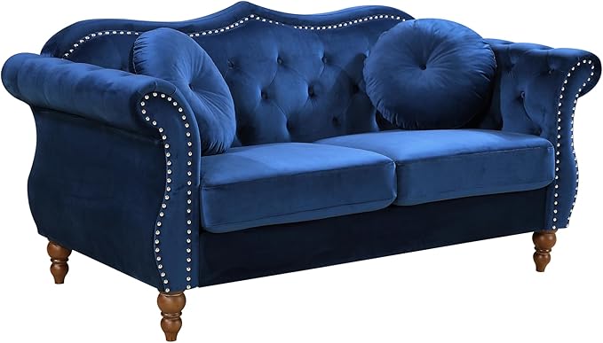 Anna1 Chesterfield Velvet Couches for Living Room, Button Tufted Luxury Upholstery with Rolled Arms, High-Density Foam, Durable Wood Frame, 65.5" Loveseat, Blue