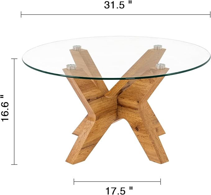 ivinta Round Glass Coffee Table, 31.5" Modern Center Table with Tempered Glass and MDF Legs for Living Room, Office, Tree (Natural Wood)