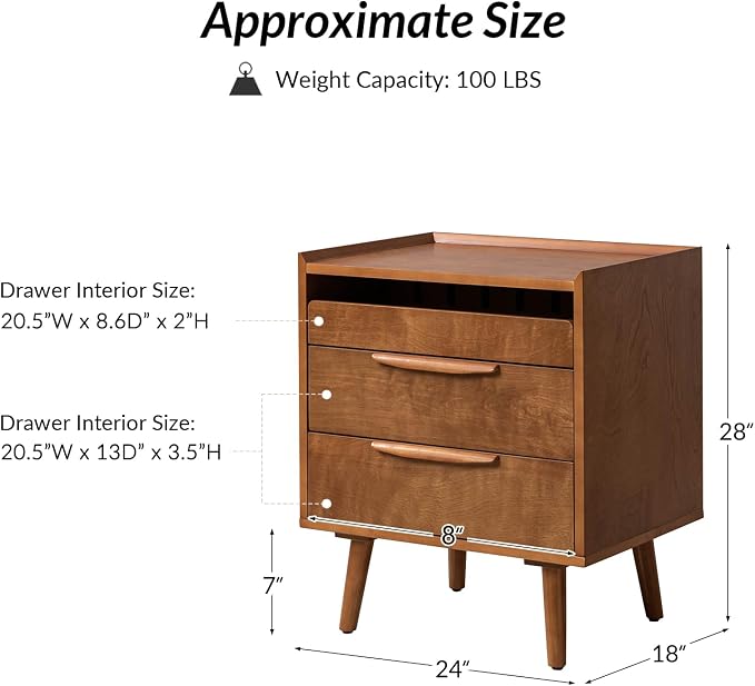 HULALA HOME 2 Drawer End Table with Pull-Out Shelf, Mid-Century Modern End Table with Wood Legs, Wood Side Table with Charging Station(Acorn) - Image 2
