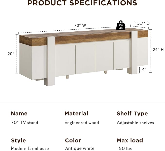 OKD Modern Farmhouse TV Stand, 70" Long Media Console Table with Storage Cabinet, Wooden Entertainment Center for Living Room, Antique White - Image 2