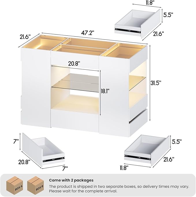 Kikihouse Modern Closet Island with 10 Drawers, LED Wardrobe Armoire Island with Glass Top, Luxury Walk-in Closet Island Storage Cabinet with Display Shelf for Cloakroom (White+Amber Glass)