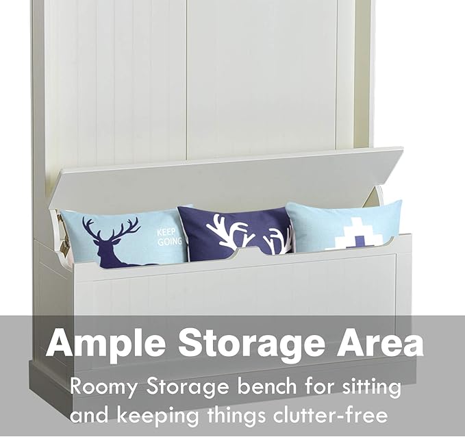 HOMCOM Hall Tree with Bench and Shoe Storage, 3-in-1 Entryway Bench with Coat Rack, 5 Hooks and Flip Top Storage Compartment, Cream White - Image 5