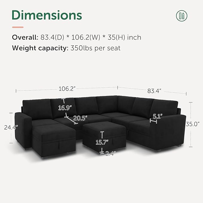 HONBAY Modular Sectional Couch with Storage, Velvet U-Shaped Sectional Sofa with Storage Ottoman Convertible U-Shaped Sofa for Living Room, Black