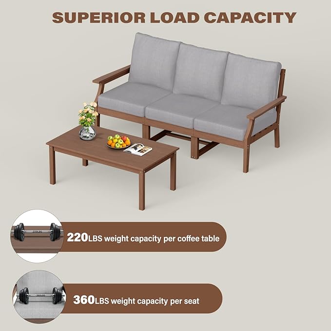 HDPE Patio Conversation Set, 4-Piece All Weather Outdoor Furniture Set with 3-Seater Modular Sofa for Deck, Lawn, with Cushion, Brown