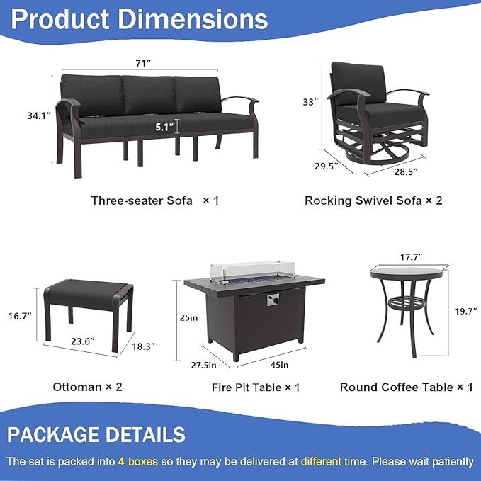 Aluminum Patio Furniture Set with Fire Pit Table, 7 Seats Outdoor Patio Conversation Sets with Swivel Chair Modern Metal Sectional Sofa with Upgrade Cushions for Patio, Backyard - Black