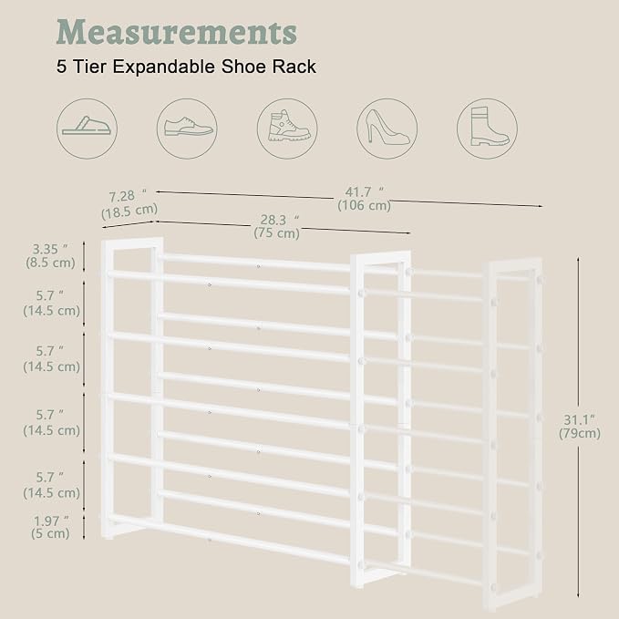 FAVOOSTY 3-Tier Expandable Shoe Rack, Adjustable Shoe Shelf Storage Organizer Space Saving Metal Free Standing Shoe Rack for Entryway Closet Doorway, Silver Grey (White, 5 Tier) - Image 3