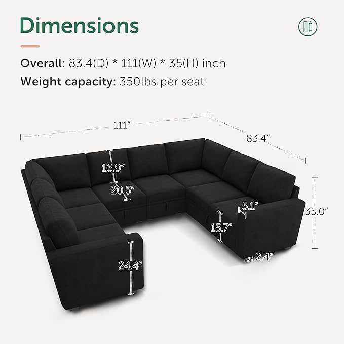 HONBAY Modular Sectional Couch with Storage, Velvet U-Shaped Sectional Sofa with Storage Ottoman Convertible U-Shaped Sofa for Living Room, Black