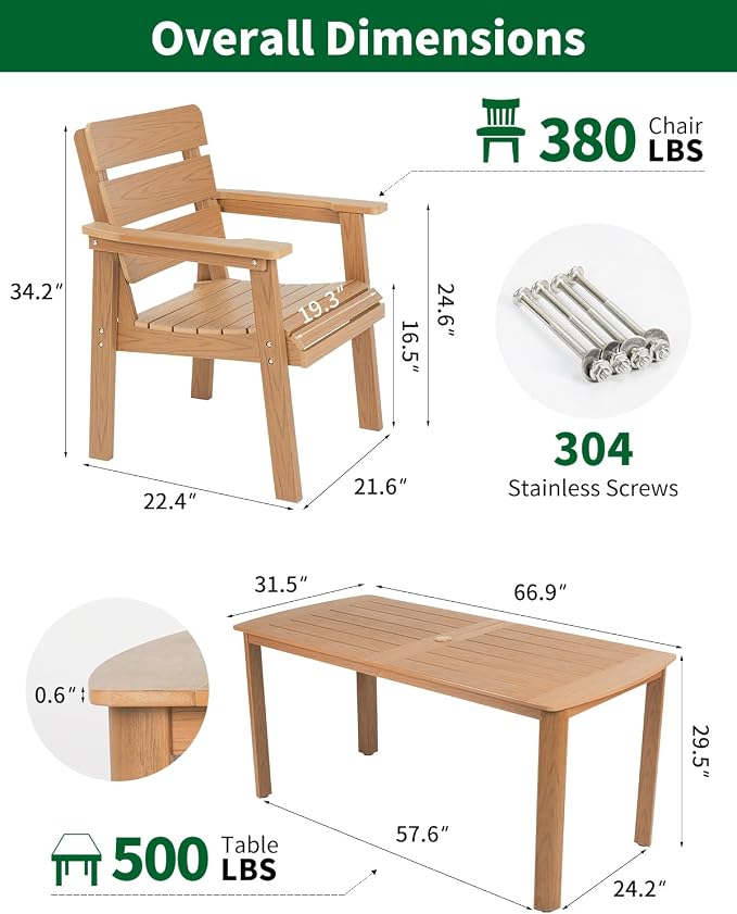 7-Piece Outdoor Dining Set, All-Weather HIPS Patio Table & Chairs for 6, Outdoor Furniture with Umbrella Hole, Ideal for Garden, Poolside, Backyard, Deck, Teak - Image 2