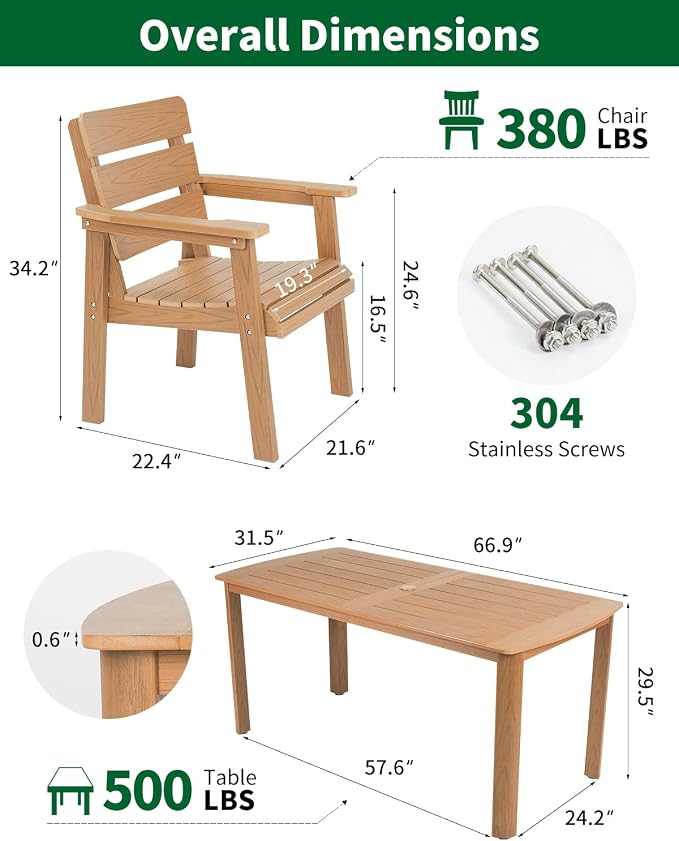 Outdoor Rectangle Dining Table with Rounded Edge, 67" All-Weather HIPS Patio Table for 6, Outdoor Furniture with Umbrella Hole, Ideal for Garden, Poolside, Backyard, Deck, Teak - Image 2