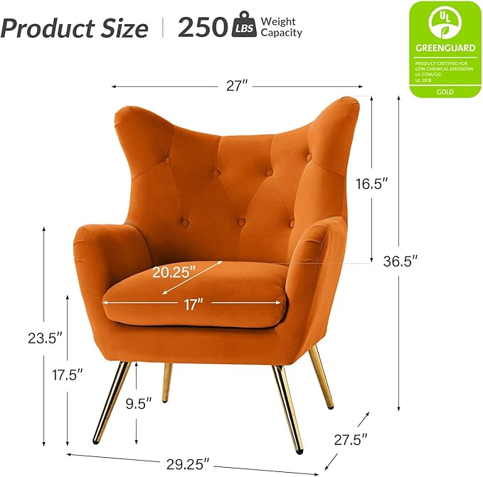 HULALA HOME Velvet Accent Chair Set of 2, Modern Wingback Arm Chair with Metal Gold Legs, Velvet Tufted Upholstered(Orange)