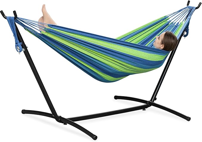 PNAEUT Double Hammocks with Stand for Outside, Portable Space Saving Heavy-Duty Steel Stand for Indoor Outdoor Patio with Sidebag, 450 lbs Capacity (Blue) by PNAEUT