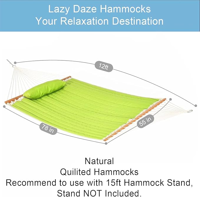 Lazy Daze Hammocks 12 FT Double Quilted Fabric Hammock with Spreader Bar and Detachable Pillow, Two Person Hammocks, 450lbs Weight Capacity (Light Green) - Image 2