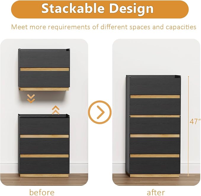 Large Modern Nightstand Black Bedside Table, 3 Drawer Dresser Wood Stackable Storage Drawers for Clothes for Closet, Bedroom, 24"x16"x29" - Image 2