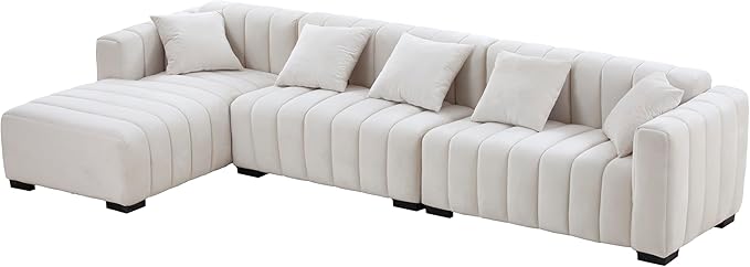 KEIKI 139" L-Shape Velvet Modular Sectional Sofa with Left Chaise Lounge, Modern Style Upholstered Oversized Reversible 3-Seater Channel Tufted Couch, Easy Assembly, for Apartment, Living Room, Beige