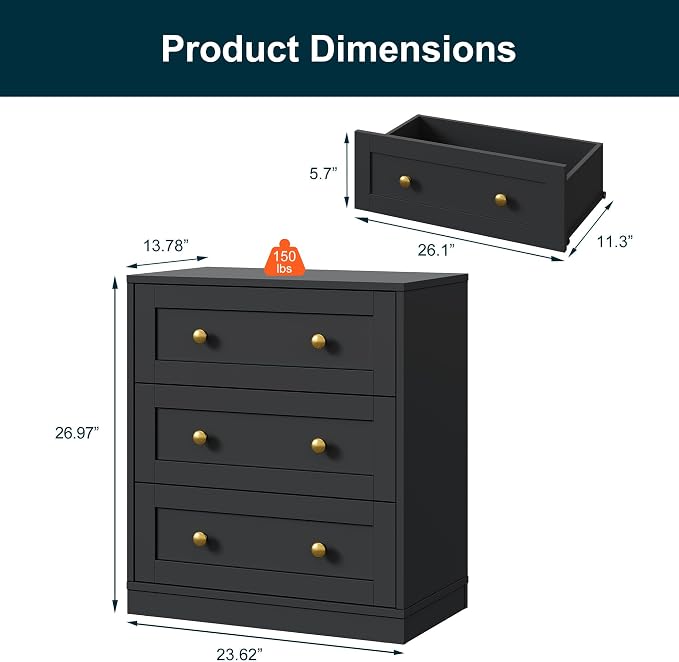 RoyalCraft Black 3 Drawer Dresser Set of 2, Small Dresser for Bedroom, Wood Nightstand with Drawers, Modern Chest of Drawers for Closet, Living Room, Entryway - Image 2