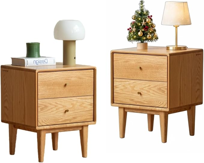 100% Solid Wood Nightstand Set of 2, Oak Nightstands, Mid Century Modern Night Stand, Natural Wood Nightstands with 2 Drawers, Small Bedside Table for Bedroom(19.69" H) by Wayshome