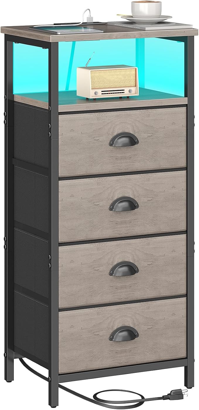 sthmec Nightstand with Charging Station,LED Grey Nightstand with 4 Fabric Drawers, Bedside End Tables, 2-Tier Open Storage Shelf Side Table Nightstand with Drawers for Bedroom,Grey by Unknown