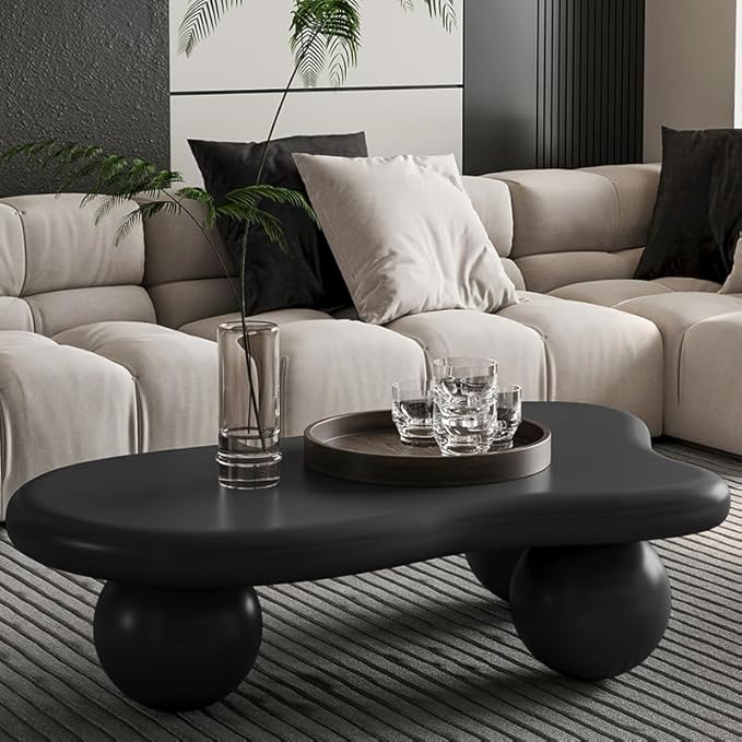 40” Cloud Coffee Table with 3 Ball Legs, Modern Irregular Center Table for Living Room, Low Cute Small MDF Tea Table for Bedroom, Space Apartment-Black