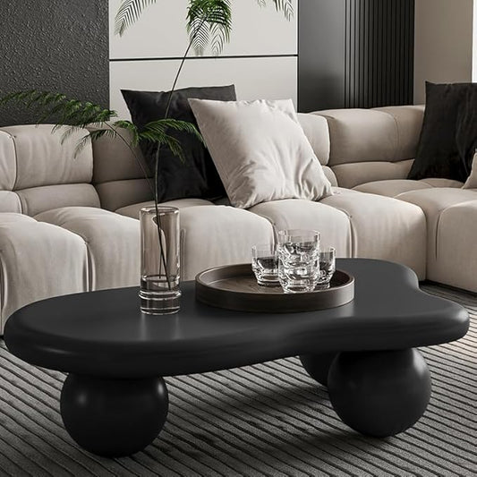 40” Cloud Coffee Table with 3 Ball Legs, Modern Irregular Center Table for Living Room, Low Cute Small MDF Tea Table for Bedroom, Space Apartment-Black