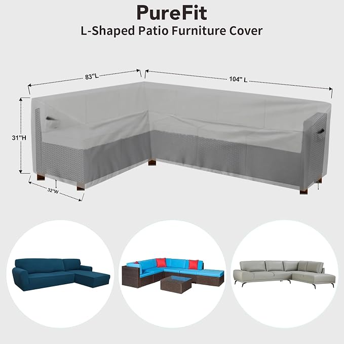PureFit Outdoor Sectional Sofa Cover Waterproof L Shaped Patio Furniture Covers for Deck, Lawn and Backyard, 83”x104” Left Facing, Gray - Image 2