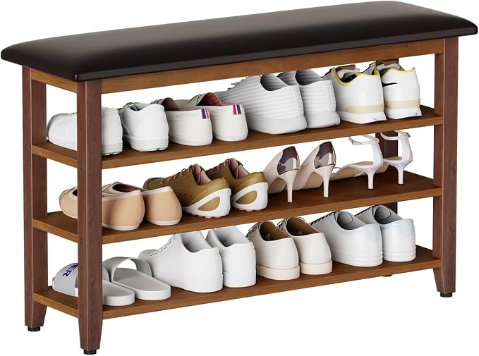 Shoe Bench with Leather Cushion,Wood Bench with Shoe Rack,3-Tier Shoe Storage Organizer for Entryway,Hallway,Living Room (Brown, 3-Tier-39.4") by Unknown