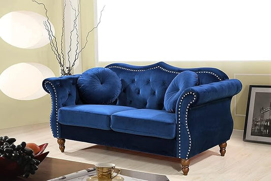 Anna1 Chesterfield Velvet Couches for Living Room, Button Tufted Luxury Upholstery with Rolled Arms, High-Density Foam, Durable Wood Frame, 65.5" Loveseat, Blue