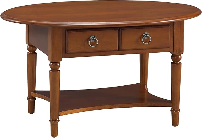Leick Home Coastal Coffee Table, Solid Wood, Oval, with Drawer and Shelf, Pecan Brown, 20044-PC