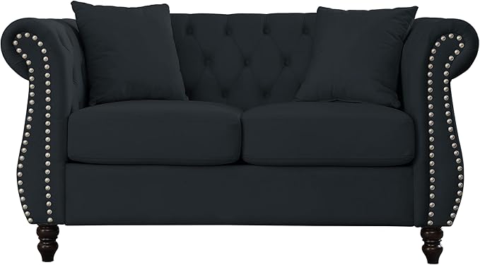 KEIKI Chesterfield Sofa, Retro Style Upholstered 2 Seater Velvet Couch with Rolled Arm for Living Room Bedroom Office Apartment, Black