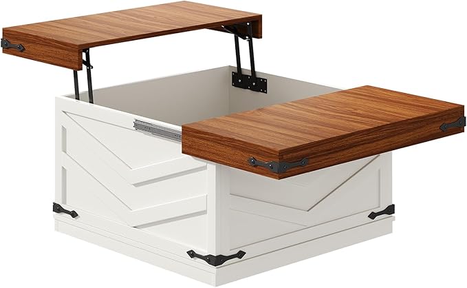 31.5'' Lift Top Coffee Table, Sliding Top Square Center Table with Large Hidden Storage Organizer, Multi-Functional Farmhouse Coffee Tables for Living Room, Bedroom, Home Office, White