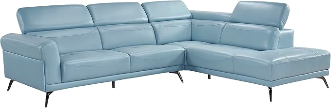 Lexicon L-Shaped Sectional Couch with Right Chaise, Top Grain Leather Match Sectional Sofa, Adjustable Headrests, Black Chrome Metal Legs, High-Density Cushions, Stitching, for Living Room, Blue