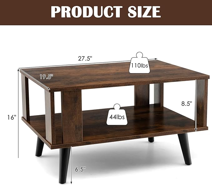 Tangkula Small Coffee Table for Living Room, 2-Tier Wooden Center Table with Open Storage Shelf, Side Baffle, Easy Assembly, Industrial Side Table for Small Space Bedroom (Rustic Brown)